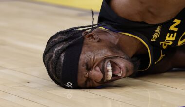 Jan 19, 2026; San Francisco, California, USA; Golden State Warriors forward Jimmy Butler III (10)he goes down with a knee injury during the third quarter against the Miami Heat at Chase Center. Mandatory Credit: Kelley L Cox-Imagn Images