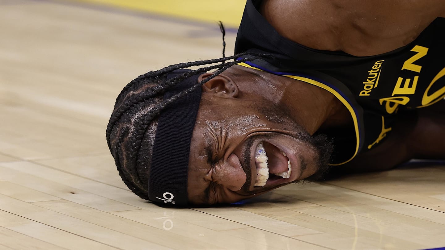 Jan 19, 2026; San Francisco, California, USA; Golden State Warriors forward Jimmy Butler III (10)he goes down with a knee injury during the third quarter against the Miami Heat at Chase Center. Mandatory Credit: Kelley L Cox-Imagn Images