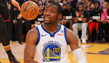 Jan 24, 2024; San Francisco, California, USA; Golden State Warriors forward Jonathan Kuminga (00) reacts after a play against the Atlanta Hawks during the third quarter at Chase Center. Mandatory Credit: Kelley L Cox-Imagn Images
