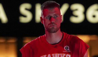 Dec 31, 2025; Atlanta, Georgia, USA; Atlanta Hawks center Kristaps Porzingis (8) shown before the start of the game against the Minnesota Timberwolves at State Farm Arena. Mandatory Credit: Dale Zanine-Imagn Images