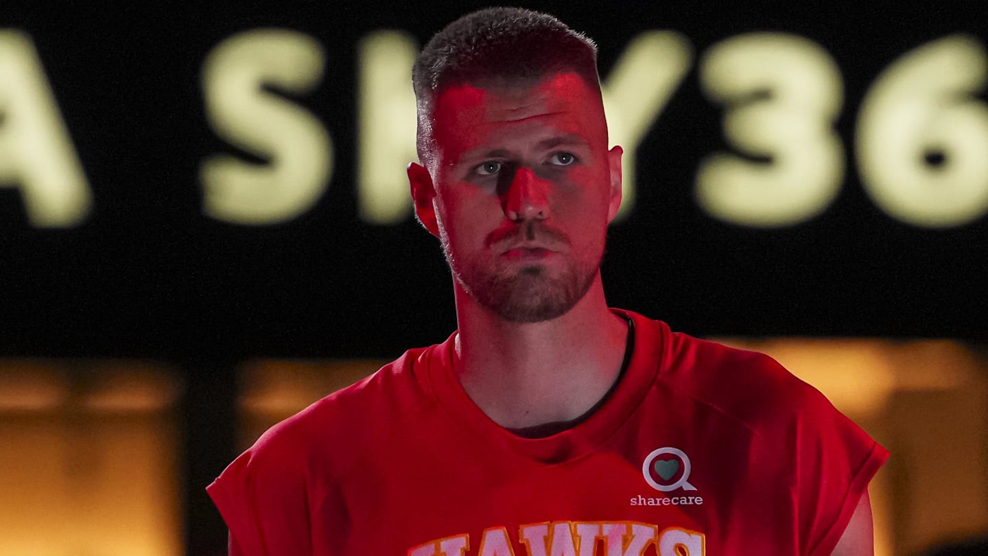 Dec 31, 2025; Atlanta, Georgia, USA; Atlanta Hawks center Kristaps Porzingis (8) shown before the start of the game against the Minnesota Timberwolves at State Farm Arena. Mandatory Credit: Dale Zanine-Imagn Images