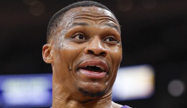 Oct 29, 2025; Chicago, Illinois, USA; Sacramento Kings forward Russell Westbrook reacts during the first half of an NBA game against the Chicago Bulls at United Center. Mandatory Credit: Kamil Krzaczynski-Imagn Images