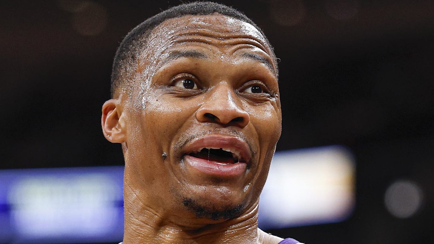 Oct 29, 2025; Chicago, Illinois, USA; Sacramento Kings forward Russell Westbrook reacts during the first half of an NBA game against the Chicago Bulls at United Center. Mandatory Credit: Kamil Krzaczynski-Imagn Images
