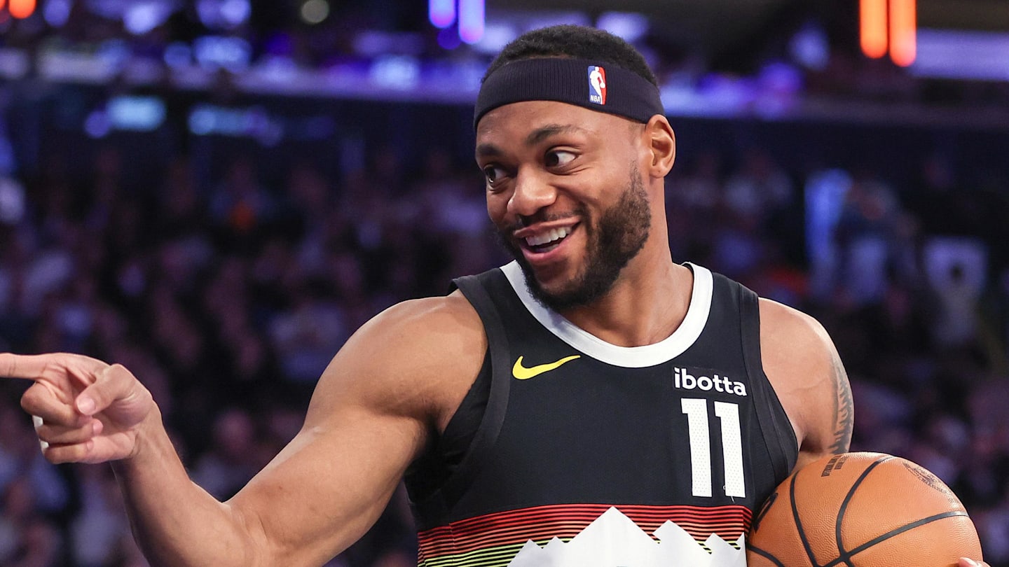 Feb 4, 2026; New York, New York, USA;  Denver Nuggets guard Bruce Brown (11) points to a fan after making a jump shot at the buzzer to end the first quarter against the New York Knicks at Madison Square Garden. Mandatory Credit: Wendell Cruz-Imagn Images