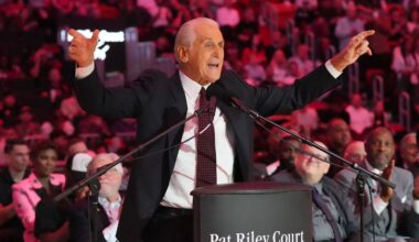 Oct 23, 2024; Miami, Florida, USA;  Miami Heat president Pat Riley addresses the crowd (Mandatory Credit: Jim Rassol-Imagn Images)