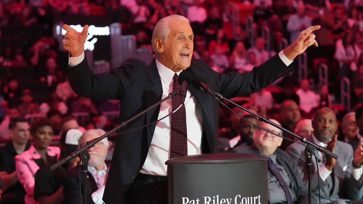 Oct 23, 2024; Miami, Florida, USA;  Miami Heat president Pat Riley addresses the crowd (Mandatory Credit: Jim Rassol-Imagn Images)