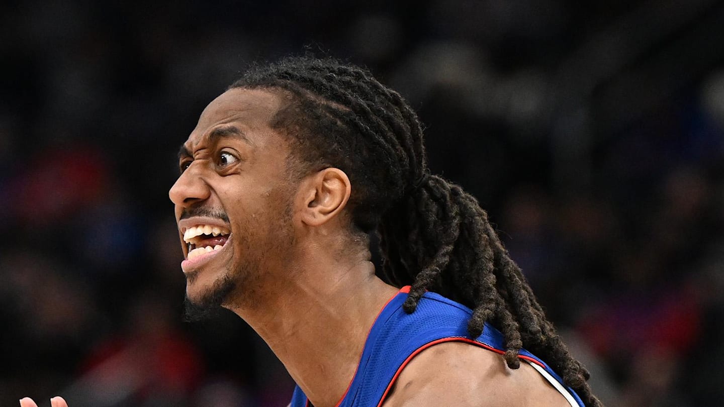 Detroit Pistons guard Daniss Jenkins (24) reacts after being called for a foul against the Denver Nuggets in the fourth quarter at Little Caesars Arena on Feb 3, 2026.