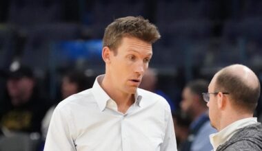 Jan 4, 2025; San Francisco, California, USA;  Golden State Warriors general manager Mike Dunleavy chats before the game against the Memphis Grizzlies at Chase Center. Mandatory Credit: David Gonzales-Imagn Images