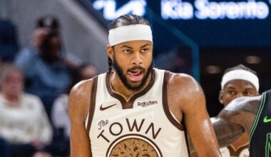 Nov 29, 2025; San Francisco, California, USA; Golden State Warriors guard Moses Moody (4) reacts during the second quarter against the New Orleans Pelicans at Chase Center. Mandatory Credit: John Hefti-Imagn Images