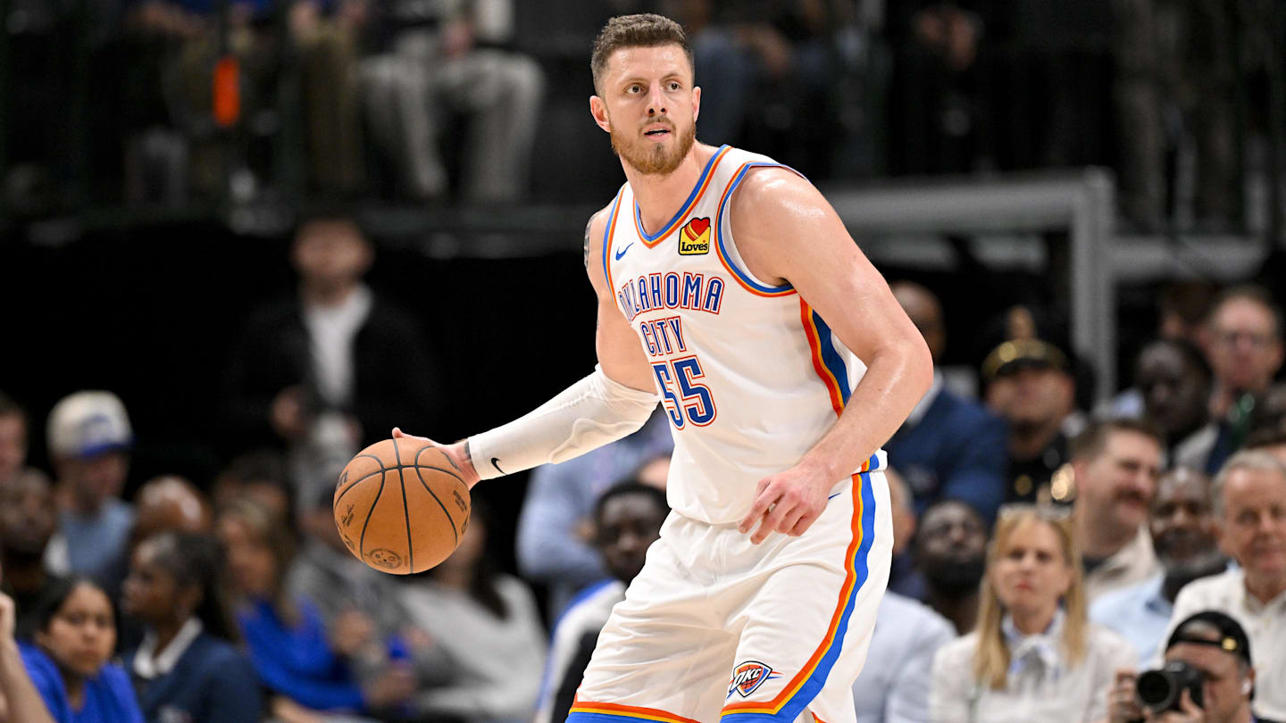 Oct 27, 2025; Dallas, Texas, USA; Oklahoma City Thunder center Isaiah Hartenstein (55) looks to pass the ball during the game between the Mavericks and the Thunder at the American Airlines Center. Mandatory Credit: Jerome Miron-Imagn Images