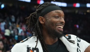 Feb 7, 2026; Portland, Oregon, USA; Portland Trail Blazers forward Jerami Grant (9, left) and guard Vit Krejci (27) celebrate after defeating the Memphis Grizzlies 122–115 at Moda Center. Mandatory Credit: Soobum Im-Imagn Images