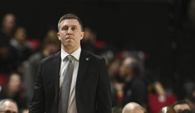 Feb 5, 2026; College Park, Maryland, USA;  Ohio State Buckeyes head coach Jake Diebler looks down the court during the first half against the Maryland Terrapins at Xfinity Center. Mandatory Credit: Tommy Gilligan-Imagn Images