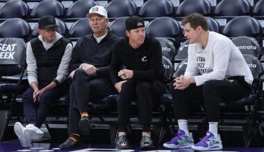 Feb 6, 2024; Salt Lake City, Utah, USA; From left to right, Utah Jazz general manager Justin Zanik, CEO Danny Ainge, owner Ryan Smith and head coach Will Hardy sit court side before the game between the Utah Jazz and the Oklahoma City Thunder at Delta Center. Mandatory Credit: Rob Gray-Imagn Images