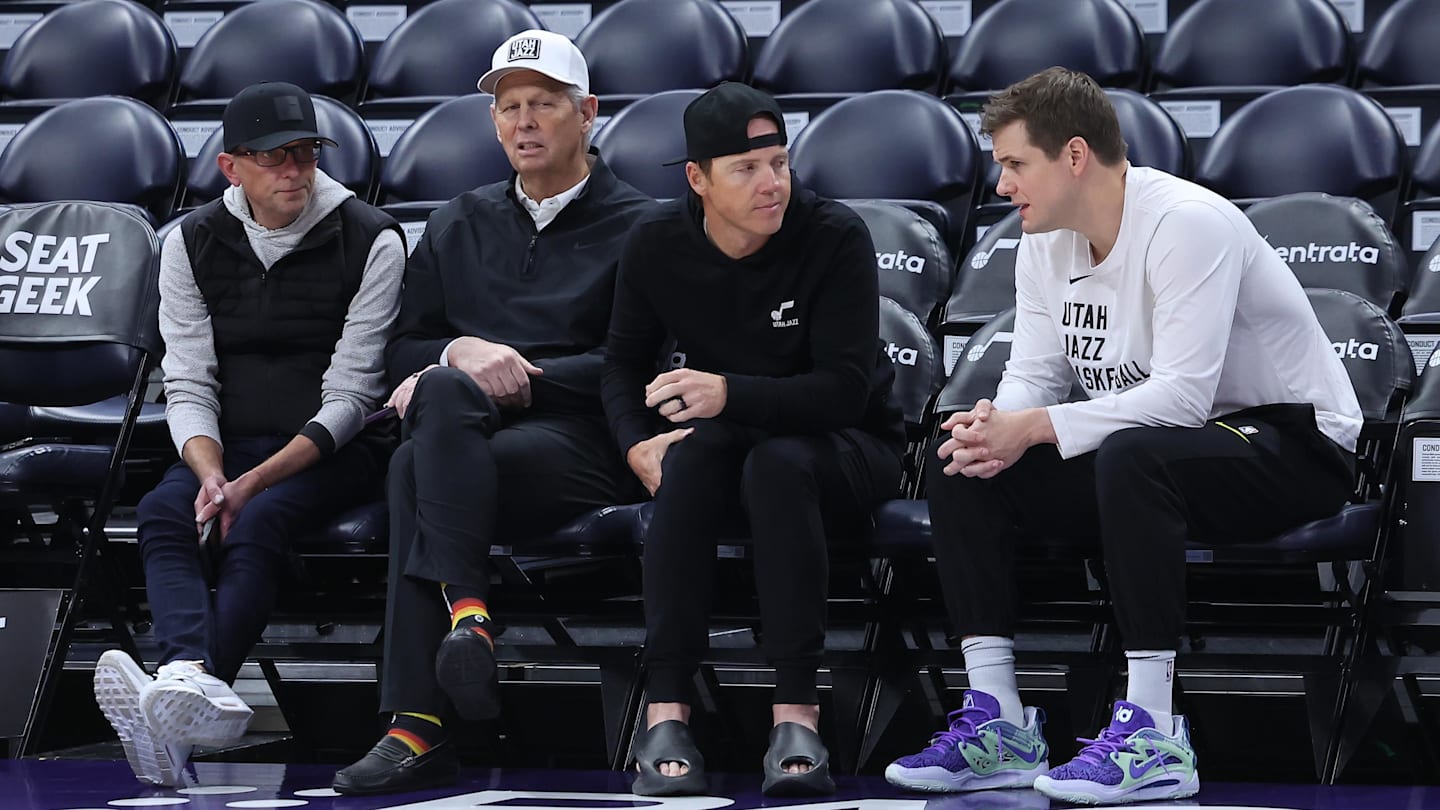 Feb 6, 2024; Salt Lake City, Utah, USA; From left to right, Utah Jazz general manager Justin Zanik, CEO Danny Ainge, owner Ryan Smith and head coach Will Hardy sit court side before the game between the Utah Jazz and the Oklahoma City Thunder at Delta Center. Mandatory Credit: Rob Gray-Imagn Images