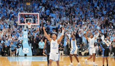 Feb 7, 2026; Chapel Hill, North Carolina, USA; UNC guard Seth Trimble (7) celebrates with teammates after the game against Duke basketball at Dean E. Smith Center.