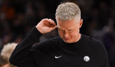 Nov 5, 2025; Sacramento, California, USA; Golden State Warriors Head Coach Steve Kerr reacts to the final score of the game against the Sacramento Kings at Golden 1 Center. Mandatory Credit: Ed Szczepanski-Imagn Images