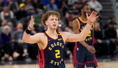 Jan 31, 2025; San Francisco, California, USA; Golden State Warriors guard Brandin Podziemski (2) reacts to a call during action against the Phoenix Suns in the first quarter at the Chase Center. Mandatory Credit: Cary Edmondson-Imagn Images