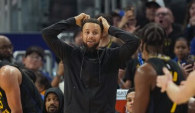 Jan 2, 2026; San Francisco, California, USA; Golden State Warriors guard Stephen Curry (center) reacts after a foul call against center Al Horford (not shown) during the first quarter against the Oklahoma City Thunder at Chase Center. Mandatory Credit: Darren Yamashita-Imagn Images