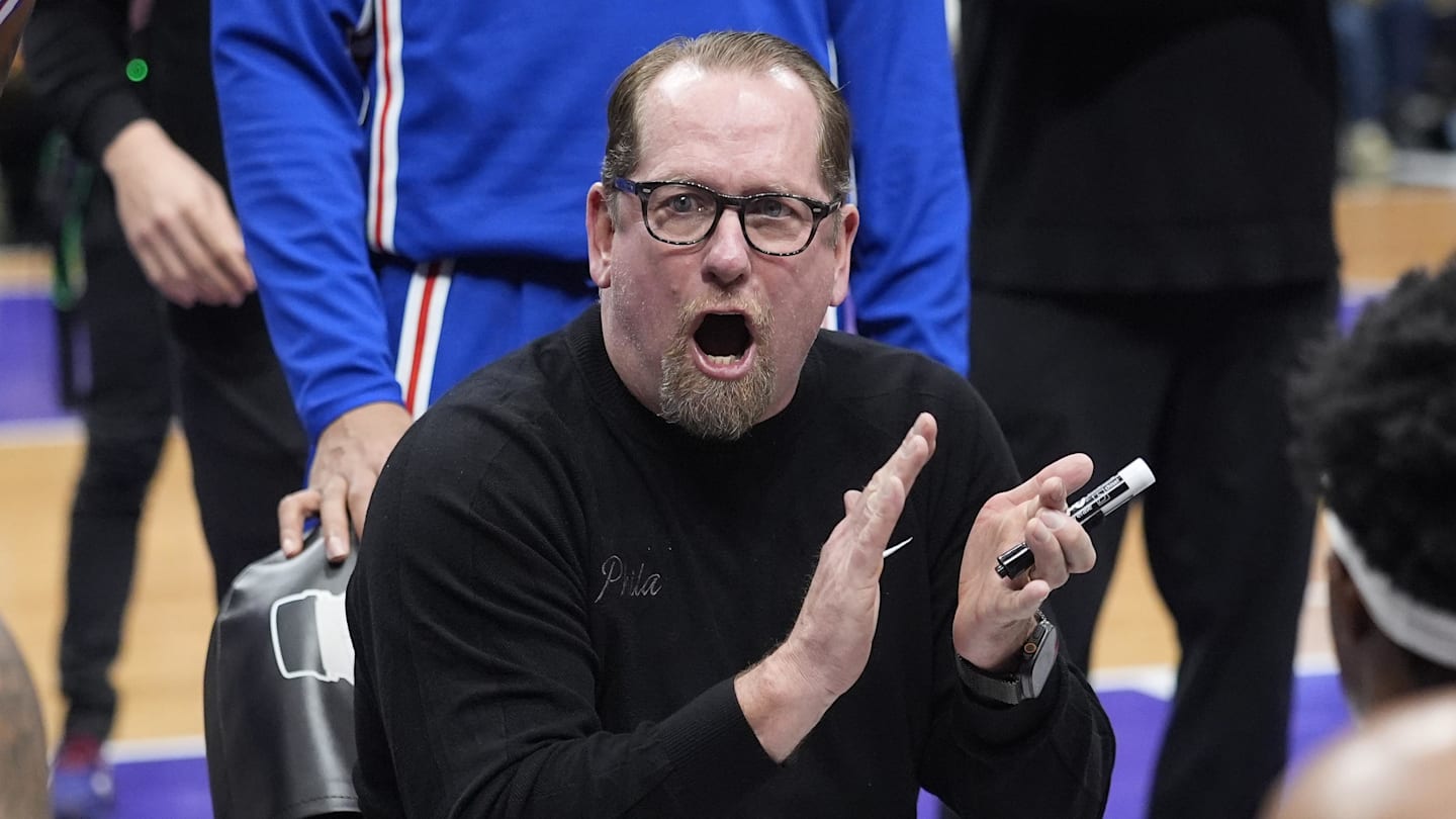 Jan 12, 2026; Toronto, Ontario, CAN; Philadelphia 76ers head coach Nick Nurse (center) addresses his team during a break in the action against the Toronto Raptors during the first half at Scotiabank Arena. Mandatory Credit: John E. Sokolowski-Imagn Images