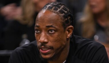 Jan 21, 2026; Sacramento, California, USA; Sacramento Kings guard/forward DeMar DeRozan (10) looks on from the bench before the game against the Toronto Raptors at Golden 1 Center. Mandatory Credit: Ed Szczepanski-Imagn Images