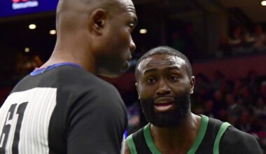 Feb 6, 2026; Boston, Massachusetts, USA;  Boston Celtics guard Jaylen Brown (7) argues a call with he official during the second half against the Miami Heat at TD Garden. Mandatory Credit: Bob DeChiara-Imagn Images
