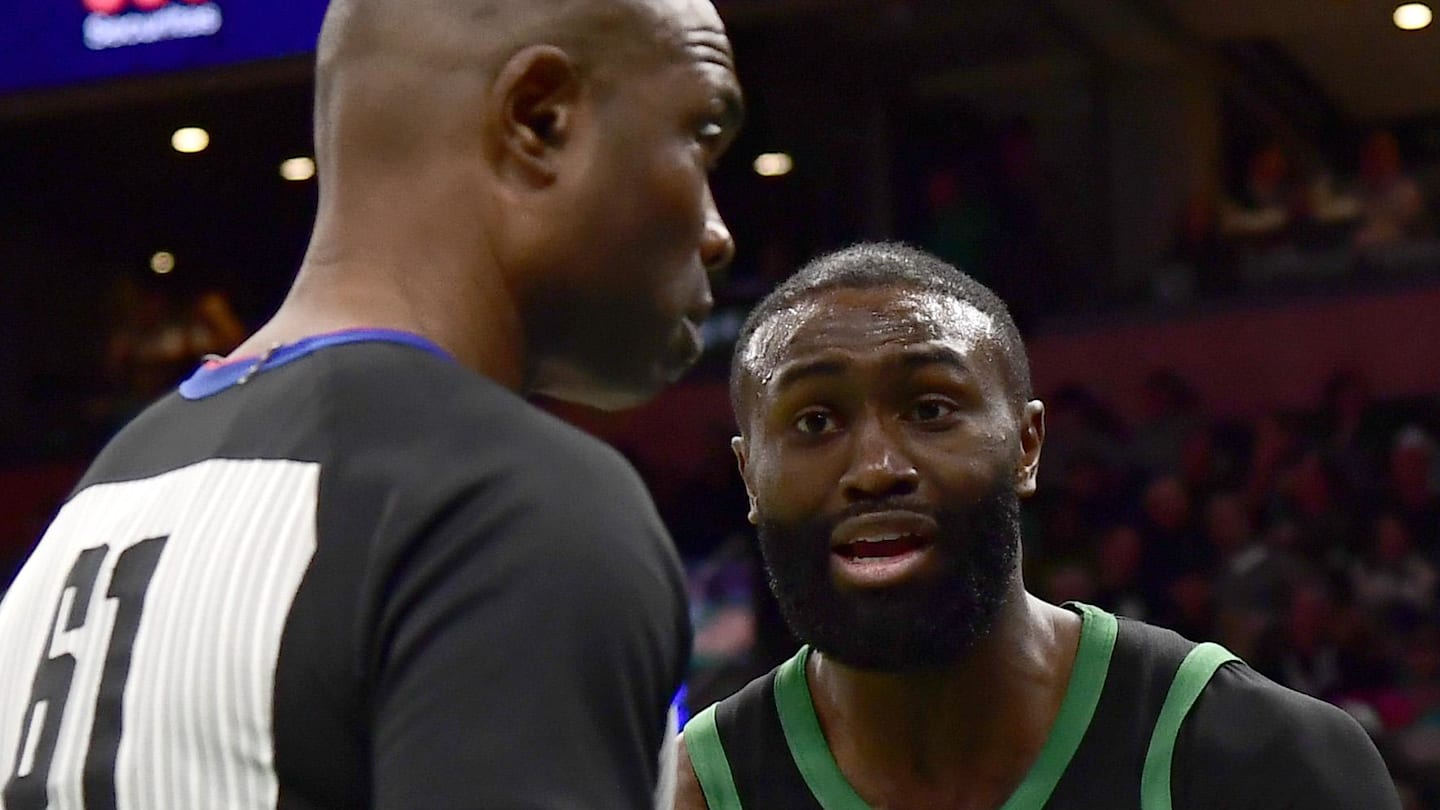 Feb 6, 2026; Boston, Massachusetts, USA;  Boston Celtics guard Jaylen Brown (7) argues a call with he official during the second half against the Miami Heat at TD Garden. Mandatory Credit: Bob DeChiara-Imagn Images