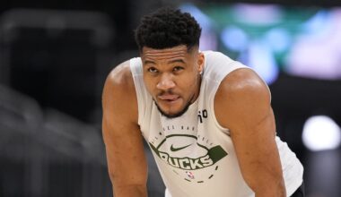 Feb 4, 2026; Milwaukee, Wisconsin, USA;  Milwaukee Bucks forward Giannis Antetokounmpo (34) during warmups prior to the game against the New Orleans Pelicans at Fiserv Forum. Mandatory Credit: Jeff Hanisch-Imagn Images