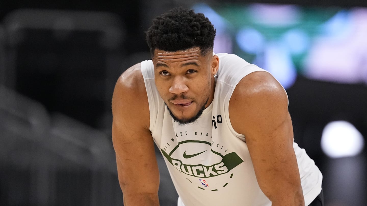 Feb 4, 2026; Milwaukee, Wisconsin, USA;  Milwaukee Bucks forward Giannis Antetokounmpo (34) during warmups prior to the game against the New Orleans Pelicans at Fiserv Forum. Mandatory Credit: Jeff Hanisch-Imagn Images