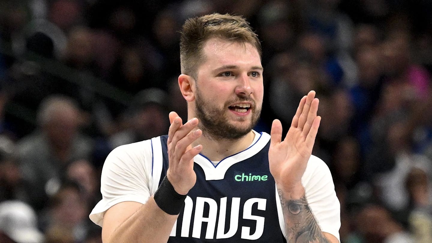 Dec 23, 2024; Dallas, Texas, USA; Dallas Mavericks guard Luka Doncic (77) celebrates during the second half against the Portland Trail Blazers at the American Airlines Center. Mandatory Credit: Jerome Miron-Imagn Images