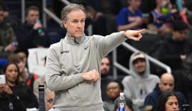Feb 3, 2026; Washington, District of Columbia, USA; Washington Wizards head coach Brian Keefe points from the bench during a game against the New York Knicks during the first quarter at Capital One Arena. Mandatory Credit: Rafael Suanes-Imagn Images
