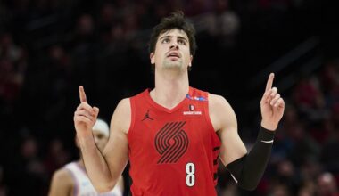 Jan 26, 2025; Portland, Oregon, USA; Portland Trail Blazers forward Deni Avdija (8) reacts after scoring a three point shot during the first half against the Oklahoma City Thunder at Moda Center. Mandatory Credit: Troy Wayrynen-Imagn Images