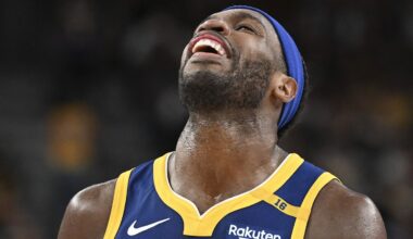 Oct 15, 2024; Las Vegas, Nevada, USA; Golden State Warriors guard Buddy Hield (7) reacts to a play against the Los Angeles Lakers in the fourth quarter during a preseason game at T-Mobile Arena. Mandatory Credit: Candice Ward-Imagn Images