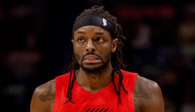Dec 11, 2025; New Orleans, Louisiana, USA;  Portland Trail Blazers forward Jerami Grant (9) reacts to a play against the New Orleans Pelicans during the first half at Smoothie King Center. Mandatory Credit: Stephen Lew-Imagn Images