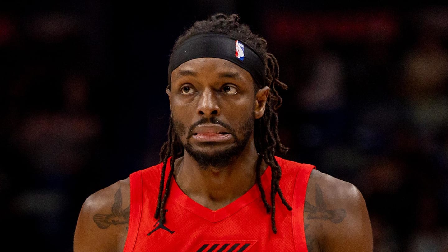 Dec 11, 2025; New Orleans, Louisiana, USA;  Portland Trail Blazers forward Jerami Grant (9) reacts to a play against the New Orleans Pelicans during the first half at Smoothie King Center. Mandatory Credit: Stephen Lew-Imagn Images