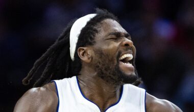 Oct 30, 2024; Philadelphia, Pennsylvania, USA; Detroit Pistons center Isaiah Stewart (28) reacts after a forward Tim Hardaway Jr. (not pictured) score against the Philadelphia 76ers during the fourth quarter at Wells Fargo Center. Mandatory Credit: Bill Streicher-Imagn Images