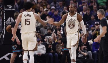 Feb 9, 2026; San Francisco, California, USA; Golden State Warriors forward Gui Santos (15) high fives center Al Horford (20) after Horford scored against the Memphis Grizzlies during the first quarter at Chase Center. Mandatory Credit: Kelley L Cox-Imagn Images