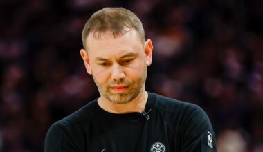 Oct 23, 2025; San Francisco, California, USA; Denver Nuggets head coach David Adelman reacts against the Golden State Warriors during the fourth quarter at Chase Center. Mandatory Credit: Bob Kupbens-Imagn Images