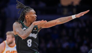 Feb 9, 2026; Minneapolis, Minnesota, USA; Minnesota Timberwolves guard Bones Hyland (8) celebrates his basket against the Atlanta Hawks in the second quarter at Target Center. Mandatory Credit: Brad Rempel-Imagn Images