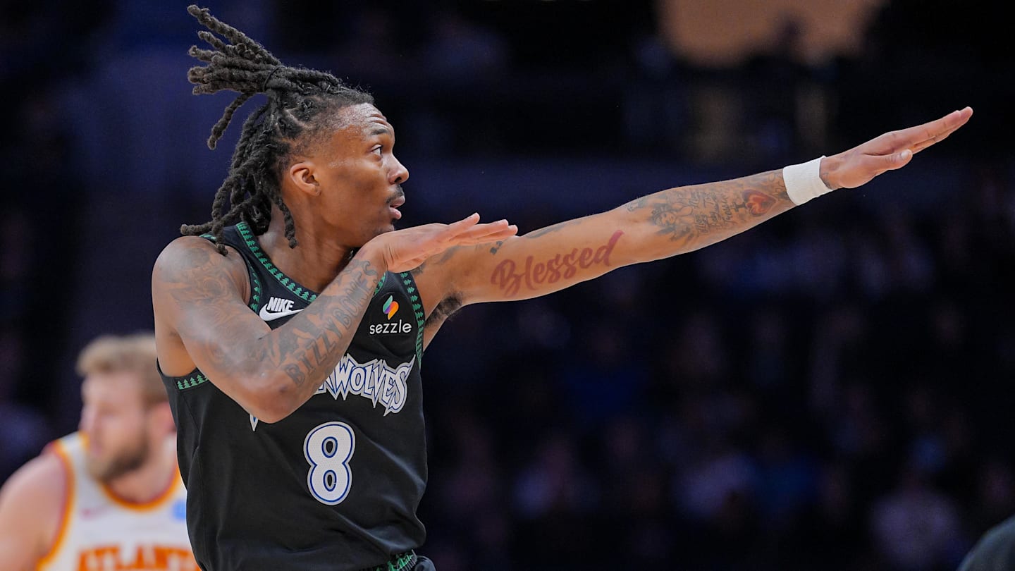 Feb 9, 2026; Minneapolis, Minnesota, USA; Minnesota Timberwolves guard Bones Hyland (8) celebrates his basket against the Atlanta Hawks in the second quarter at Target Center. Mandatory Credit: Brad Rempel-Imagn Images