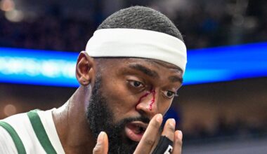 Milwaukee Bucks forward Bobby Portis (9) reacts after getting a cut on his nose after a foul in the fourth quarter against the Utah Jazz at Fiserv Forum on November 7, 2024.