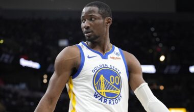 Mar 11, 2024; San Antonio, Texas, USA; Golden State Warriors forward Jonathan Kuminga (00) reacts to a call by an official during the first half against the San Antonio Spurs at Frost Bank Center. Mandatory Credit: Scott Wachter-Imagn Images