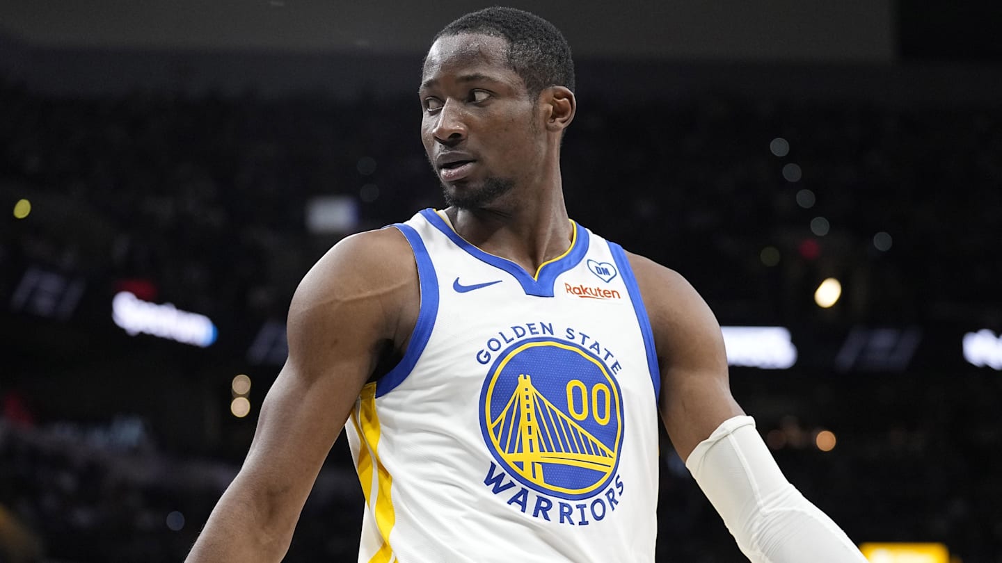 Mar 11, 2024; San Antonio, Texas, USA; Golden State Warriors forward Jonathan Kuminga (00) reacts to a call by an official during the first half against the San Antonio Spurs at Frost Bank Center. Mandatory Credit: Scott Wachter-Imagn Images