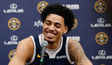 Sep 29, 2025; Denver, CO, USA; Denver Nuggets players Jonas Valanciunas (17) and Julian Strawther (3) address the media during media day at Ball Arena. Mandatory Credit: Isaiah J. Downing-Imagn Images
