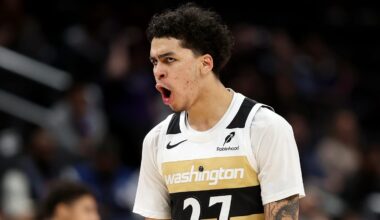 Feb 1, 2026; Washington, District of Columbia, USA; Washington Wizards guard Will Riley (27) celebrates during the second half against the Sacramento Kings at Capital One Arena. Mandatory Credit: Daniel Kucin Jr.-Imagn Images