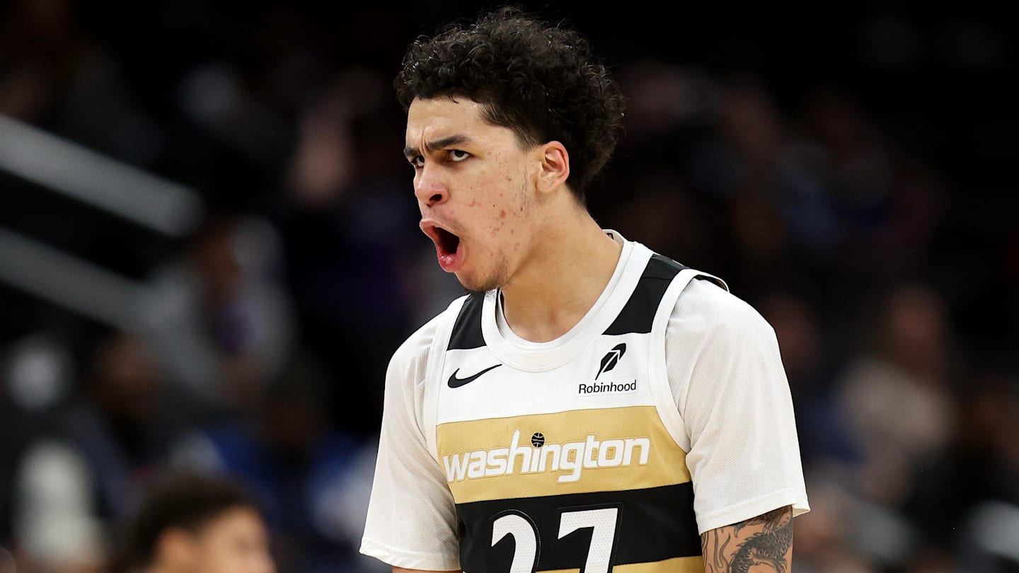Feb 1, 2026; Washington, District of Columbia, USA; Washington Wizards guard Will Riley (27) celebrates during the second half against the Sacramento Kings at Capital One Arena. Mandatory Credit: Daniel Kucin Jr.-Imagn Images