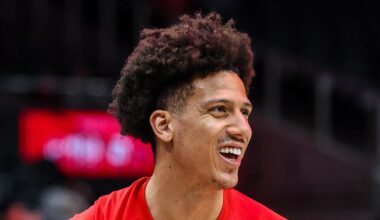 Jalen Johnson during warmups before the game against the Indiana Pacers at State Farm Arena.