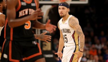 Jan 20, 2022; New York, New York, USA; New Orleans Pelicans guard Jose Alvarado (15) reacts after a three point shot against the New York Knicks during the fourth quarter at Madison Square Garden. Mandatory Credit: Brad Penner-Imagn Images