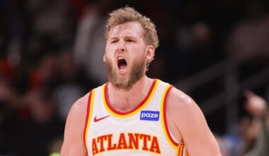 Hawks center Jock Landale (31) reacts after a basket against the Utah Jazz in the fourth quarter at State Farm Arena.