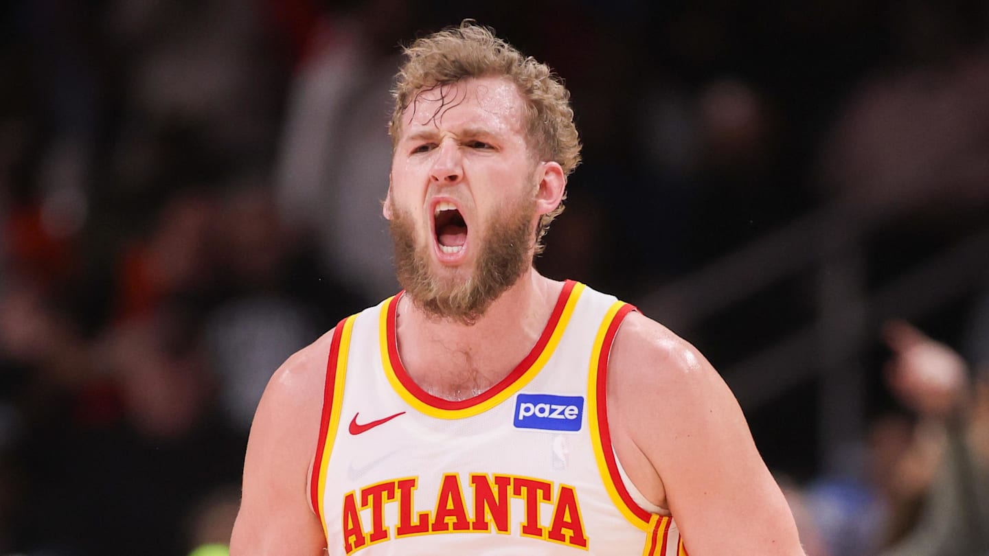 Hawks center Jock Landale (31) reacts after a basket against the Utah Jazz in the fourth quarter at State Farm Arena.