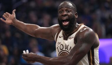 Jan 30, 2026; San Francisco, California, USA; Golden State Warriors forward Draymond Green (23) reacts after the Warriors committed a turnover against the Detroit Pistons in the first quarter at the Chase Center. Mandatory Credit: Cary Edmondson-Imagn Images